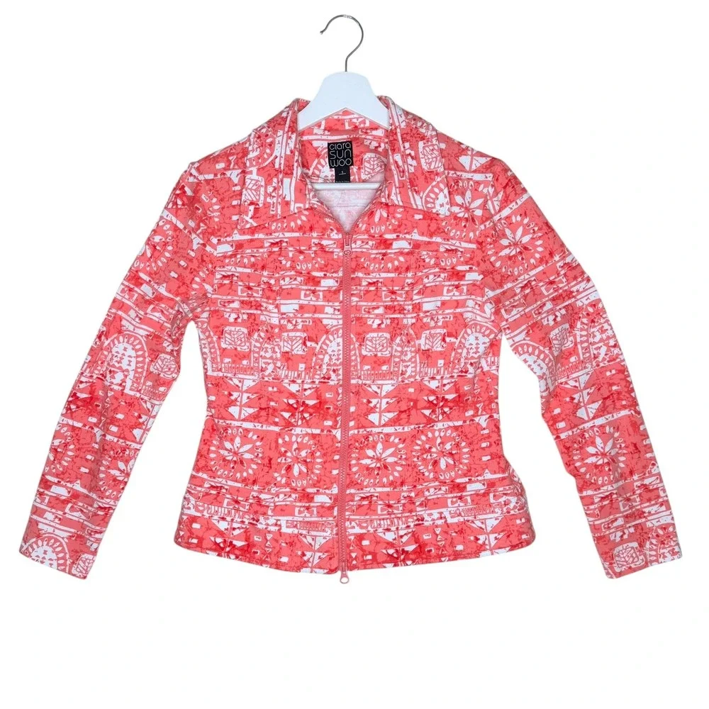 Clara Sunwoo Coral Pink White Geometric Batik Zip Up Stretch Jacket Womens Small